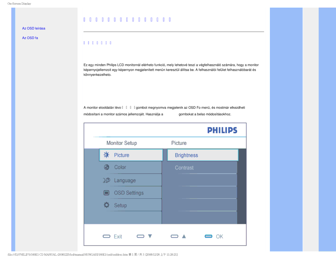 Philips 1.60E+03 user manual Képernyon megjeleno menü OSD, Az OSD leírása 