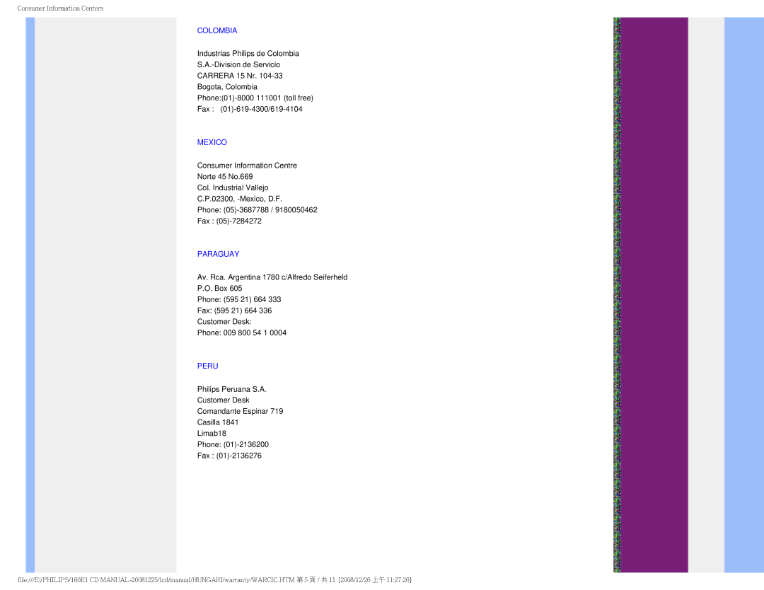 Philips 1.60E+03 user manual Colombia, Mexico, Paraguay, Peru 