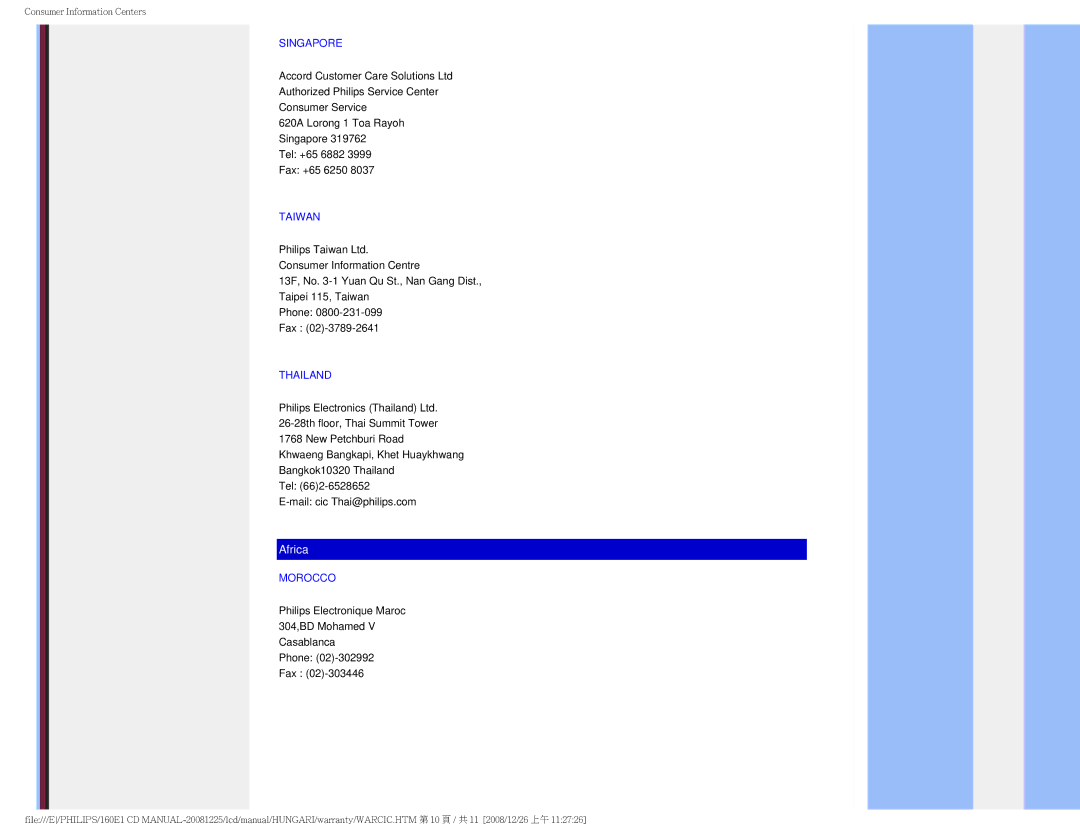 Philips 1.60E+03 user manual Singapore, Taiwan, Thailand, Morocco 