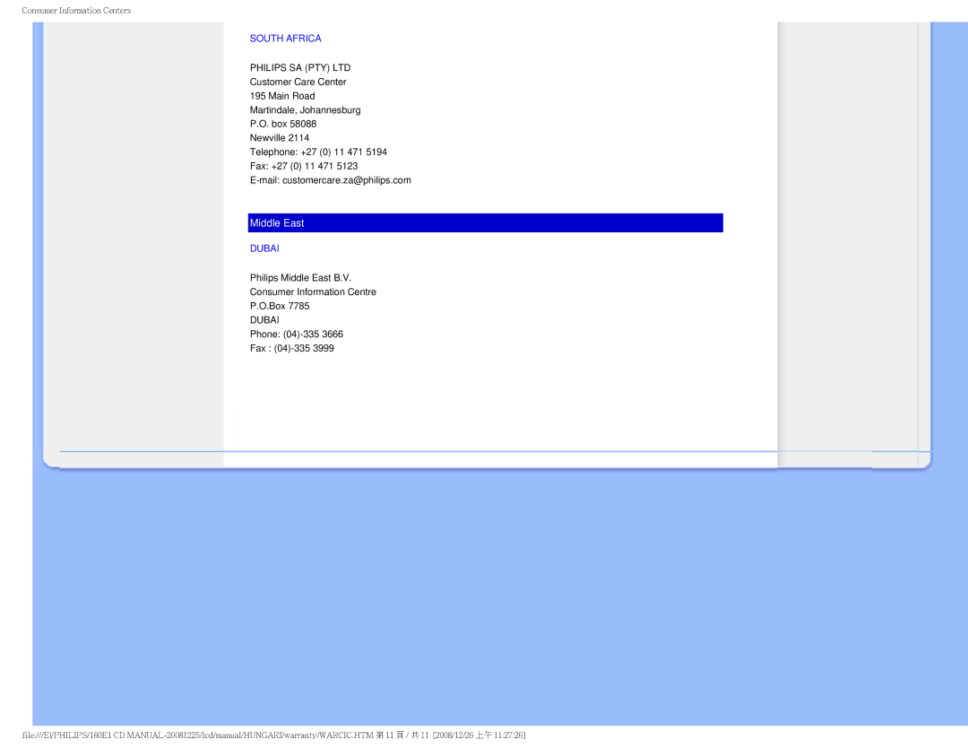 Philips 1.60E+03 user manual South Africa, Dubai 