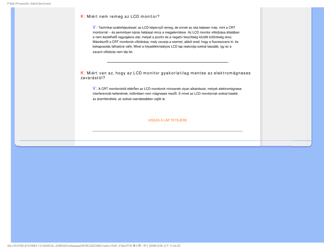 Philips 1.60E+03 user manual Miért nem remeg az LCD monitor? 
