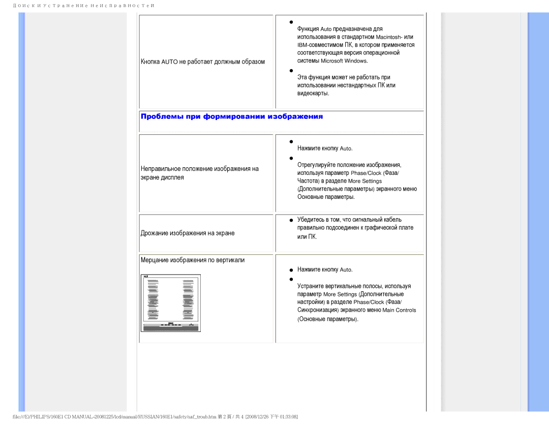 Philips 160E1 user manual Кнопка Auto не работает должным образом, Проблемы при формировании изображения 