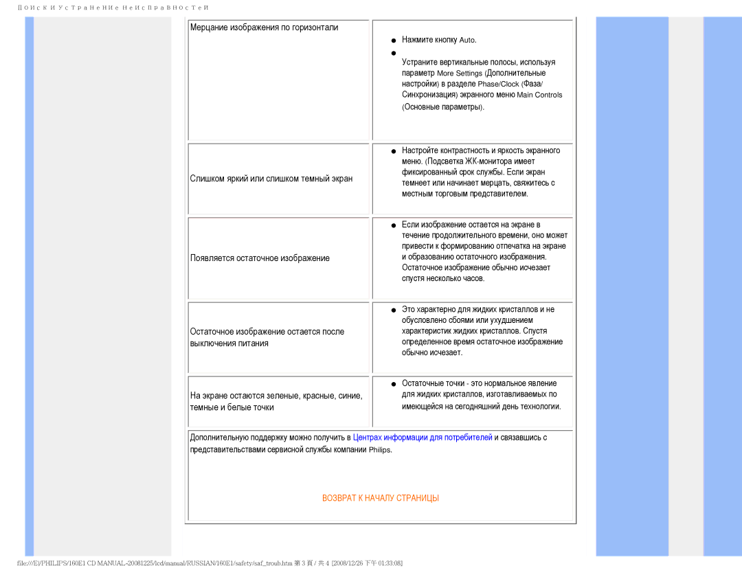 Philips 160E1 user manual Возврат К Началу Страницы 