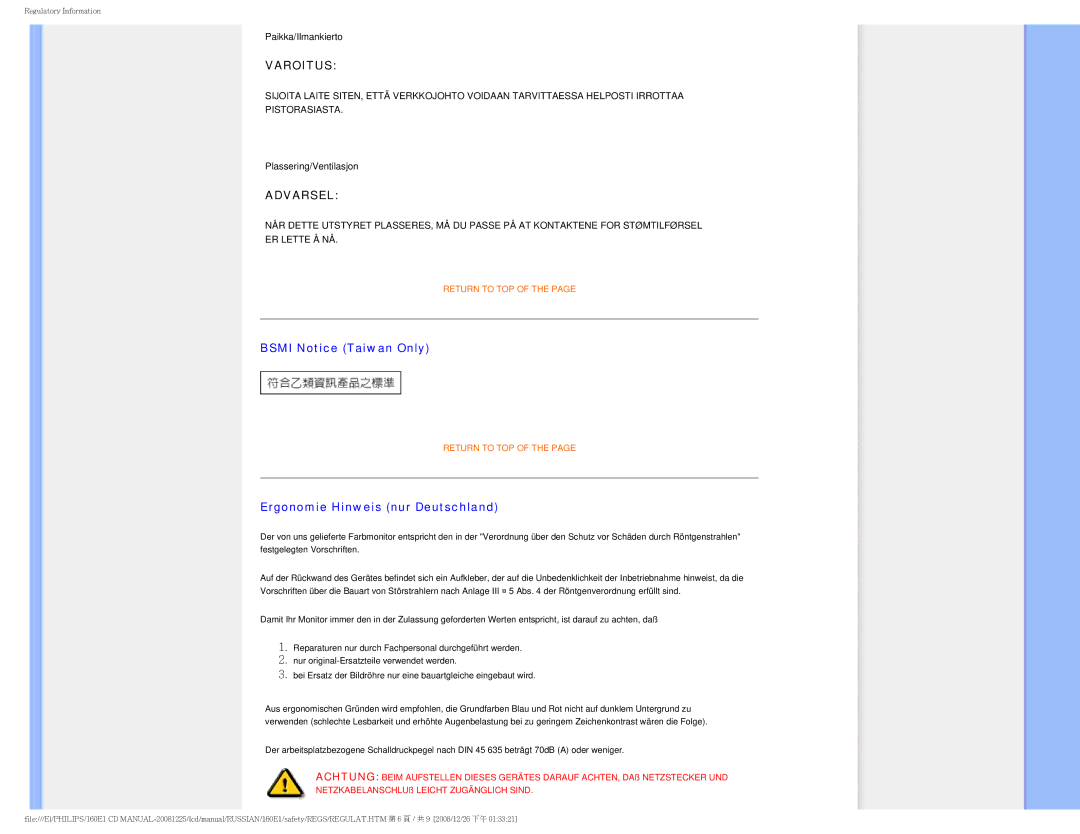 Philips 160E1 user manual Varoitus 