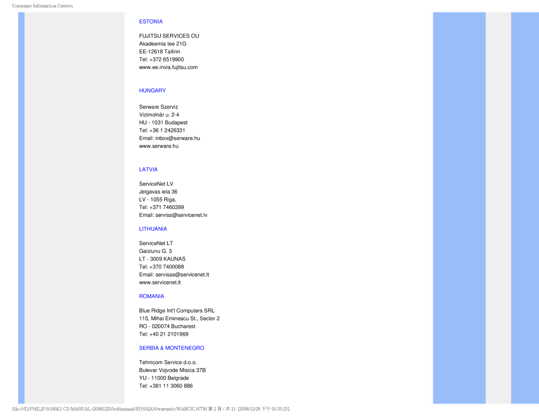 Philips 160E1 user manual Estonia, Hungary, Latvia, Lithuania, Romania, Serbia & Montenegro 