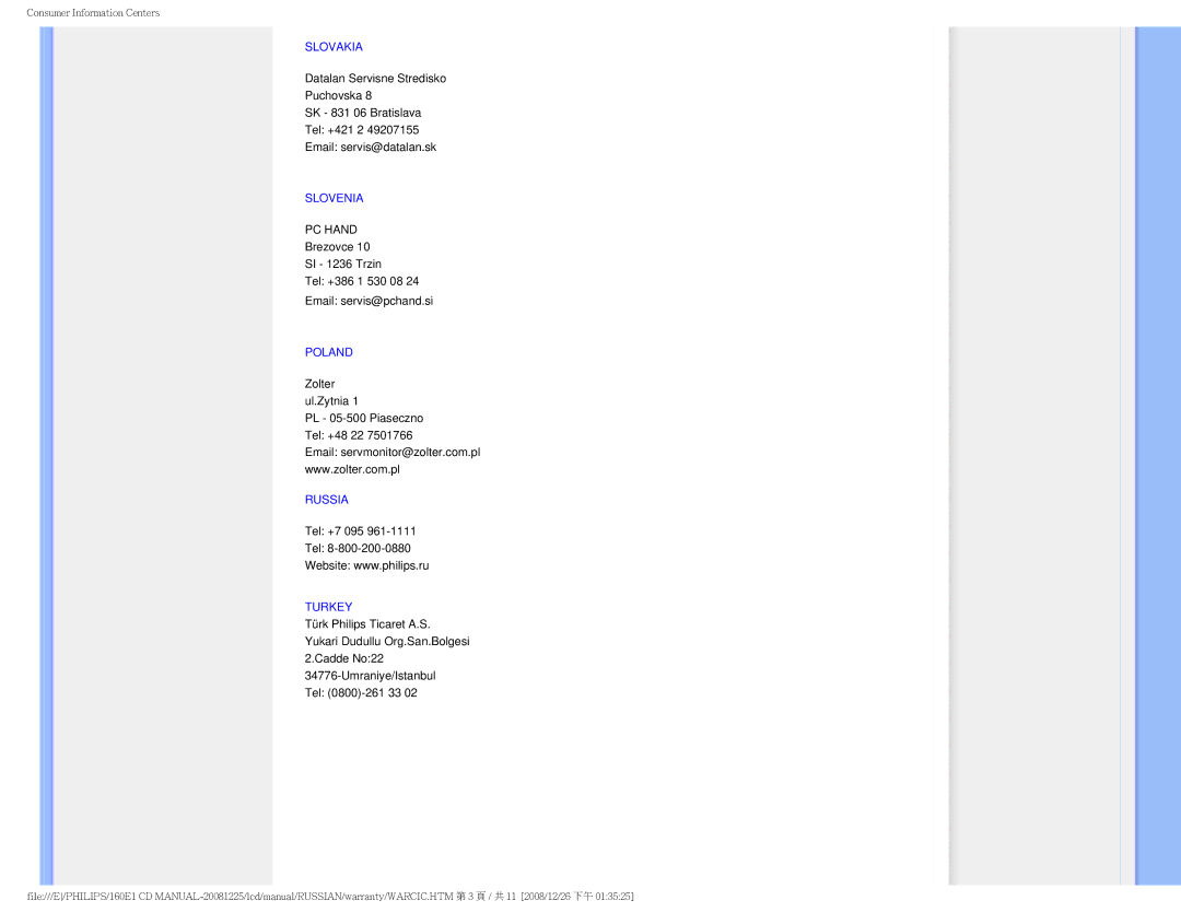 Philips 160E1 user manual Slovakia, Slovenia, Poland, Russia, Turkey 