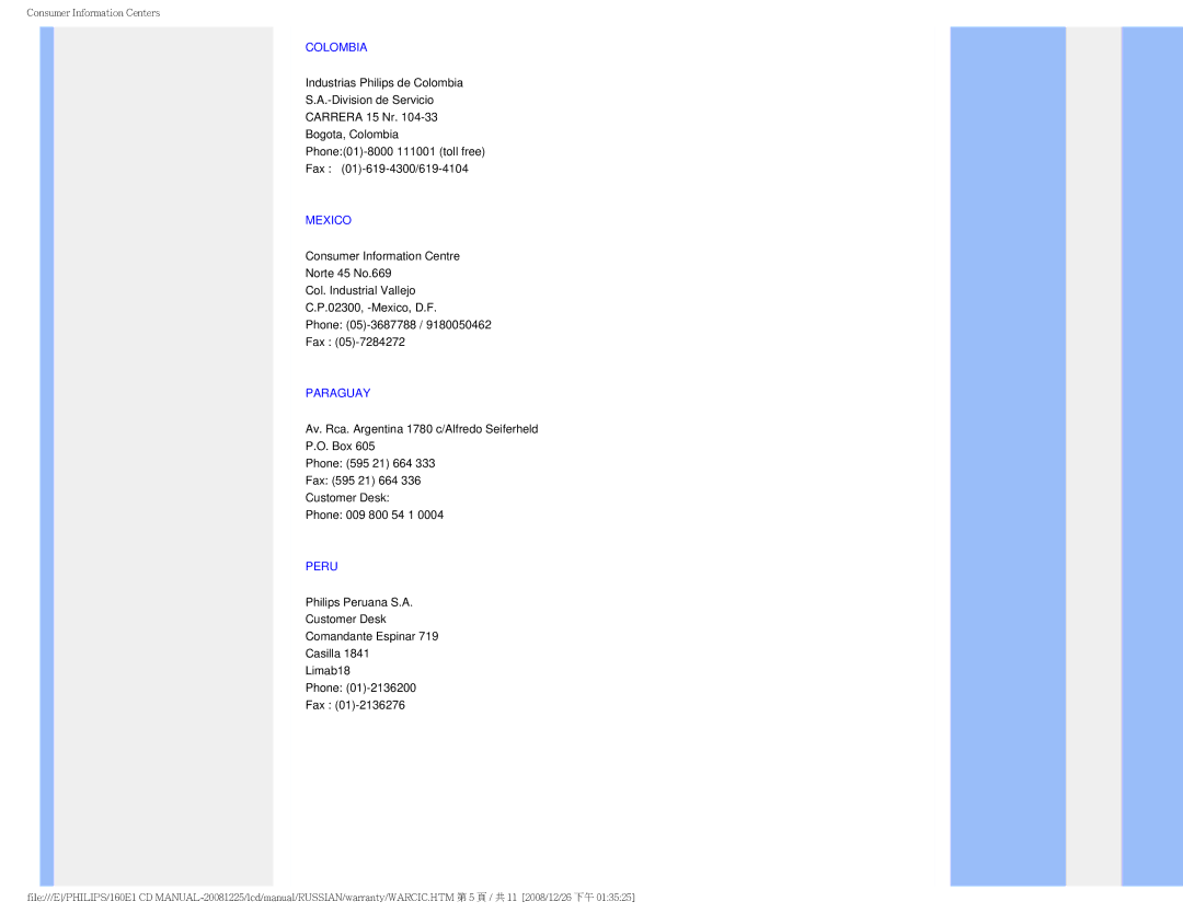 Philips 160E1 user manual Colombia, Mexico, Paraguay, Peru 