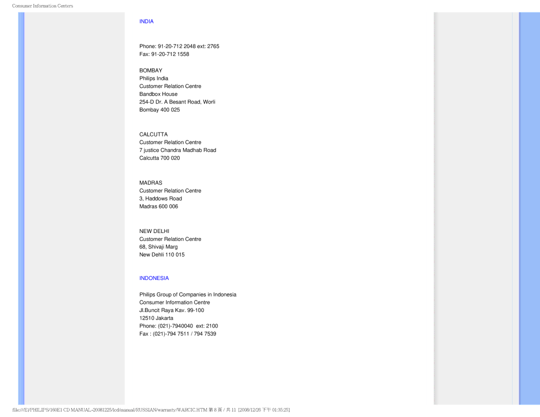 Philips 160E1 user manual India, Indonesia 