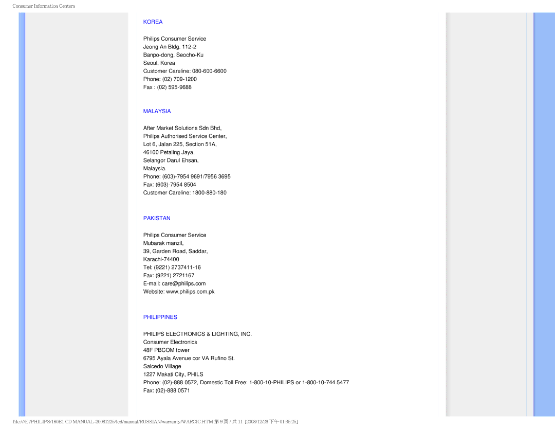 Philips 160E1 user manual Korea, Malaysia, Pakistan, Philippines 