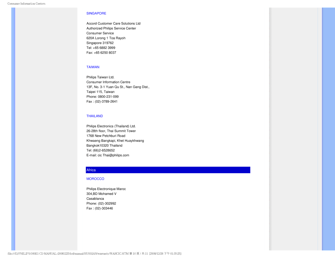 Philips 160E1 user manual Singapore, Taiwan, Thailand, Morocco 