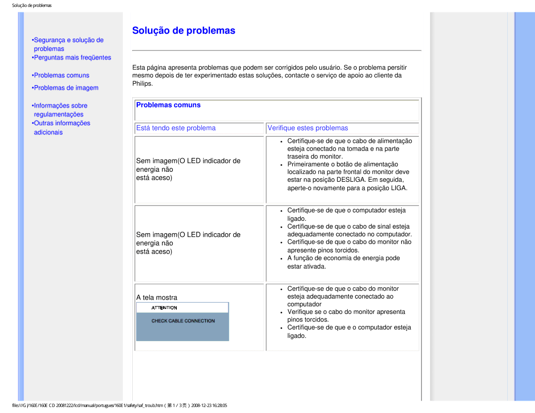 Philips 160EI user manual Solução de problemas, Problemas comuns 