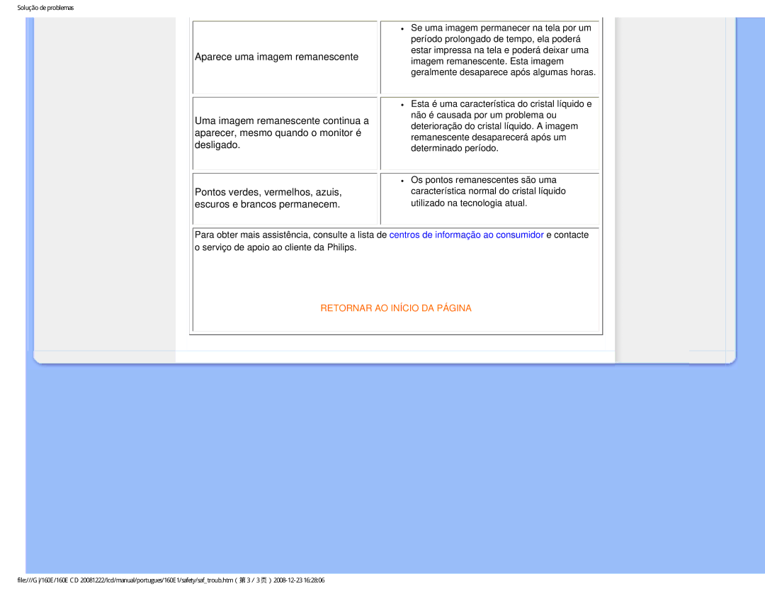 Philips 160EI user manual Retornar AO Início DA Página 