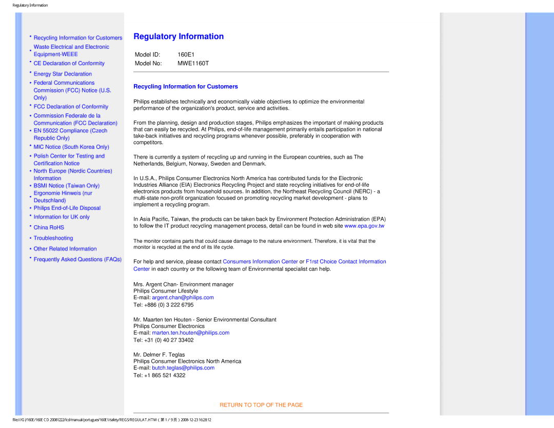 Philips 160EI user manual Regulatory Information 