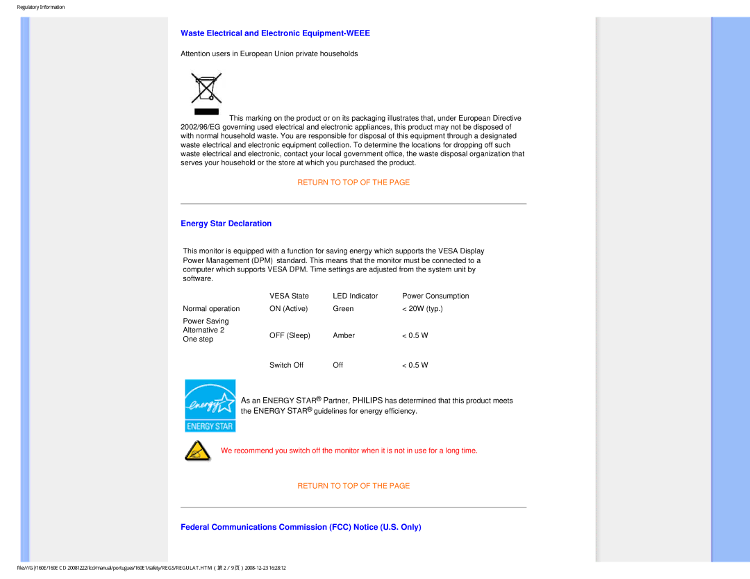 Philips 160EI user manual Waste Electrical and Electronic Equipment-WEEE 