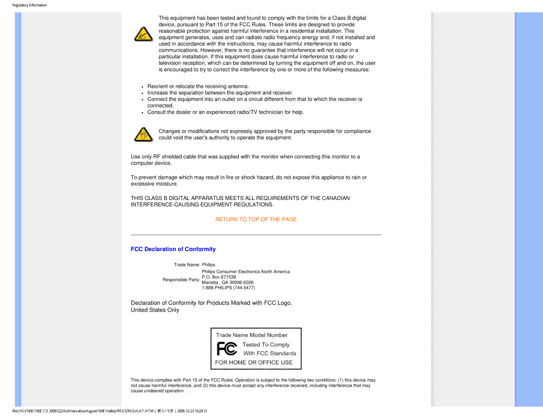 Philips 160EI user manual FCC Declaration of Conformity 