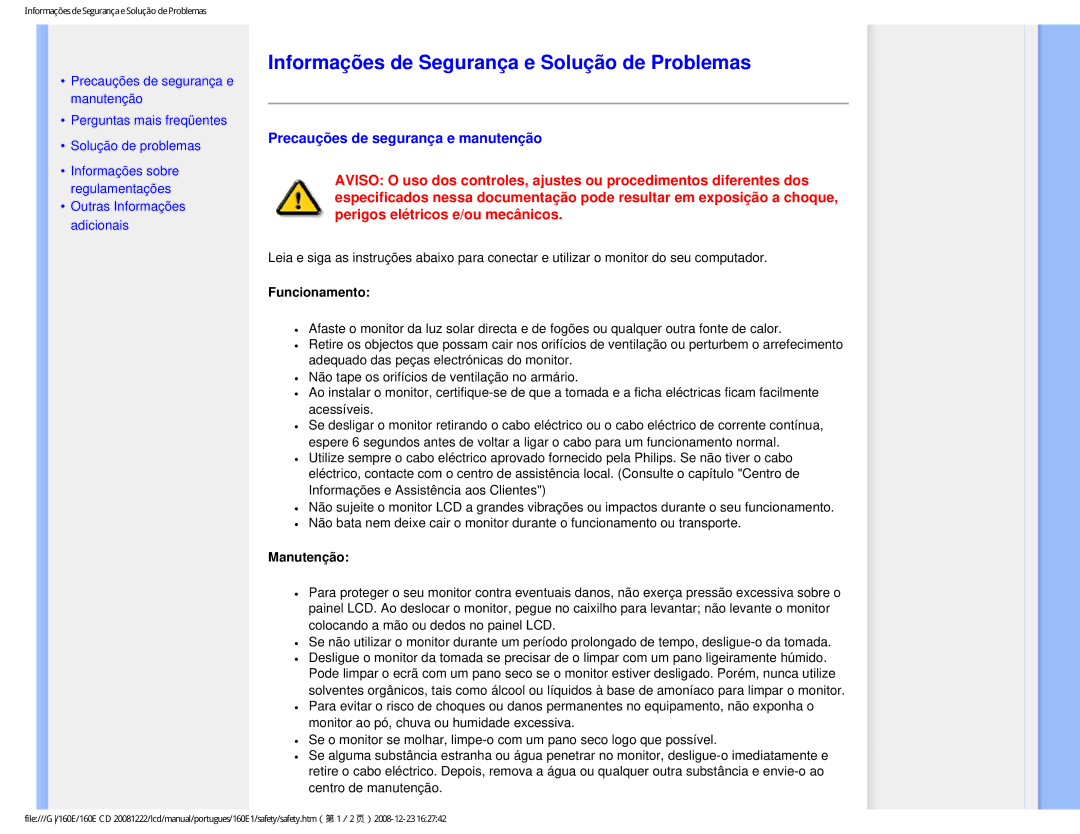 Philips 160EI Informações de Segurança e Solução de Problemas, Precauções de segurança e manutenção, Funcionamento 