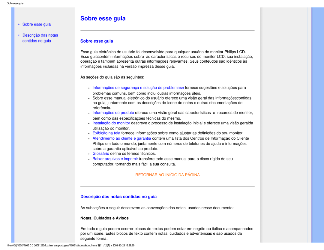 Philips 160EI user manual Sobre esse guia, Descrição das notas contidas no guia, Notas, Cuidados e Avisos 