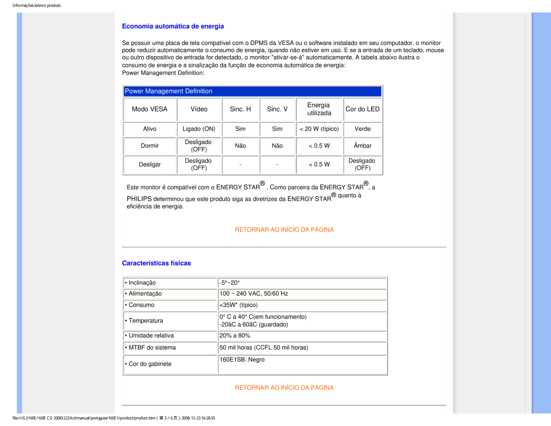 Philips 160EI user manual Economia automática de energia, Características físicas 