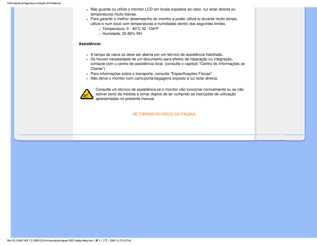 Philips 160EI user manual Assistência, Retornar AO Início DA Página 