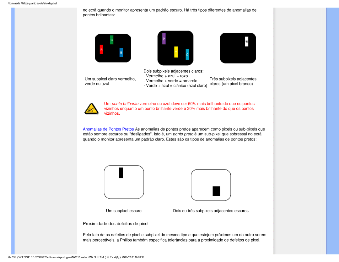 Philips 160EI user manual Proximidade dos defeitos de pixel 