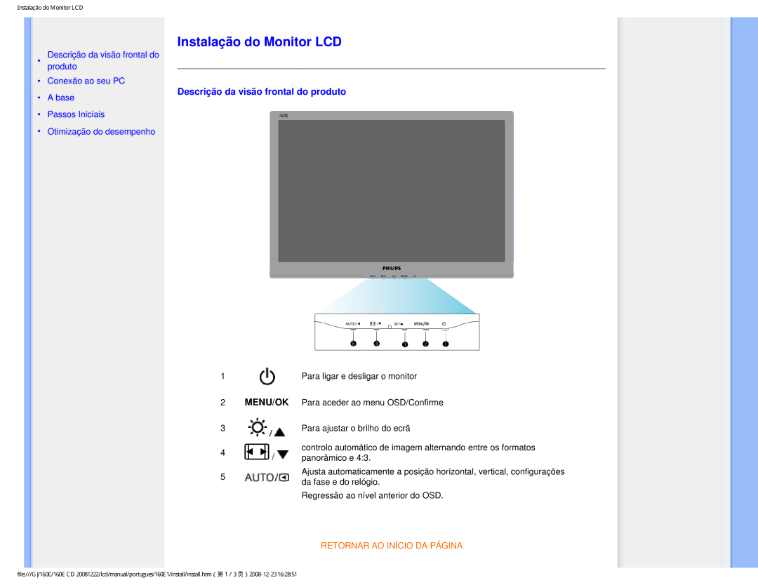 Philips 160EI user manual Instalação do Monitor LCD, Descrição da visão frontal do produto 