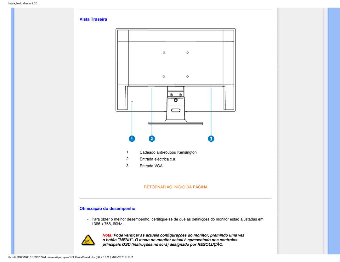 Philips 160EI user manual Vista Traseira, Otimização do desempenho 