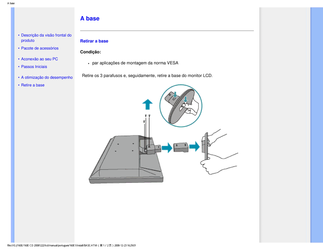 Philips 160EI user manual Base, Retirar a base 