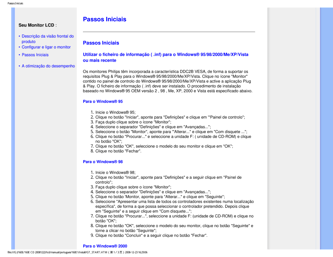 Philips 160EI user manual Passos Iniciais, Para o Windows 