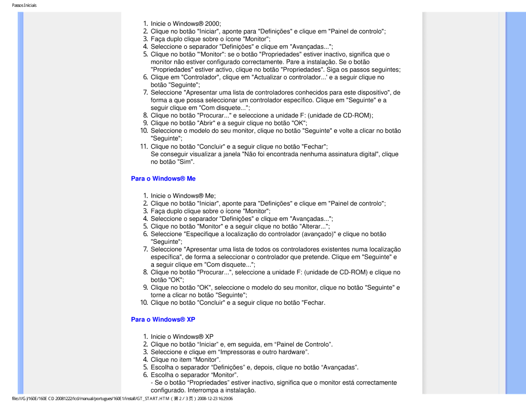 Philips 160EI user manual Para o Windows Me, Para o Windows XP 