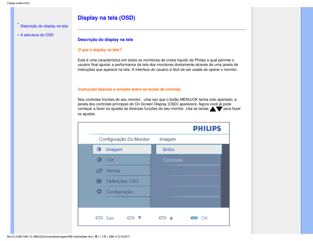 Philips 160EI user manual Display na tela OSD, Descrição do display na tela 