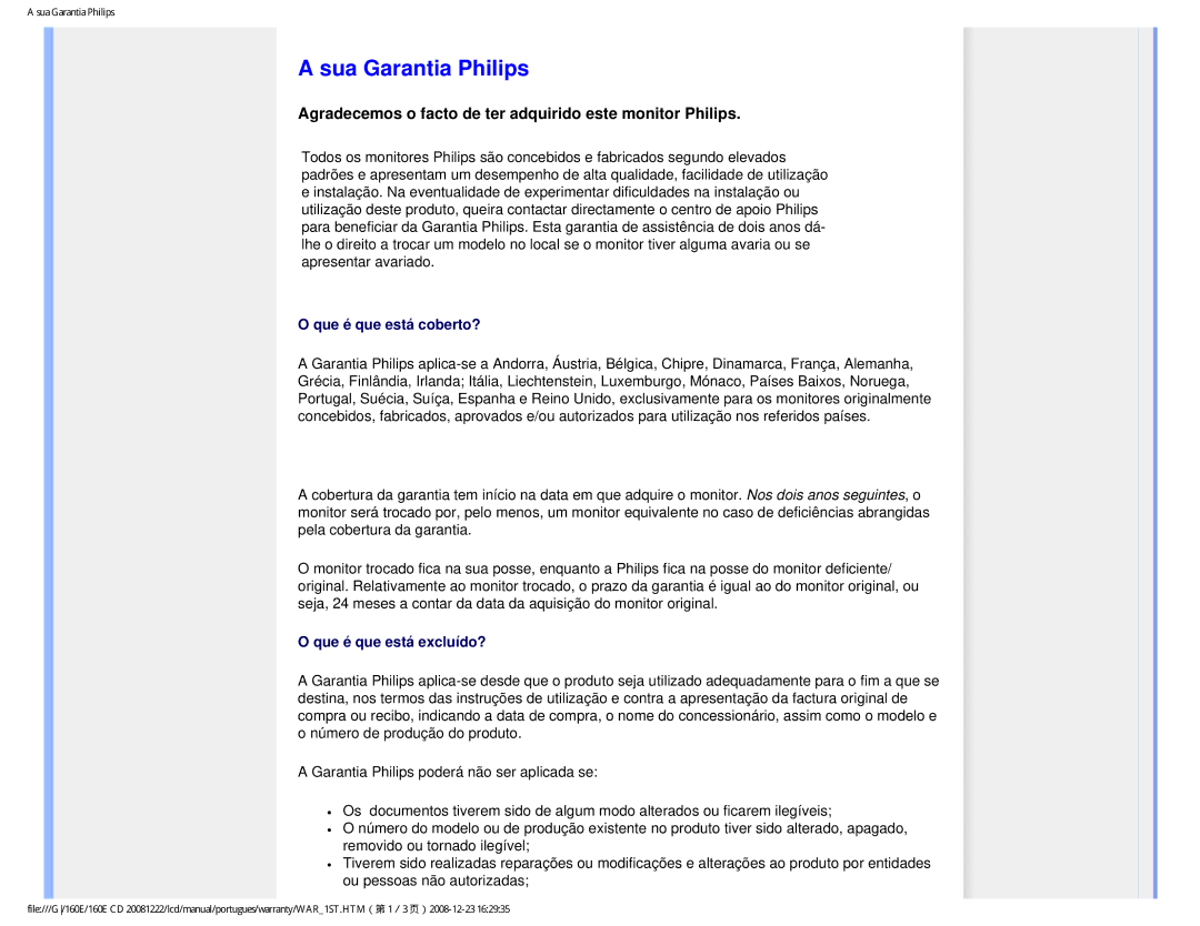 Philips 160EI user manual Sua Garantia Philips, Agradecemos o facto de ter adquirido este monitor Philips 