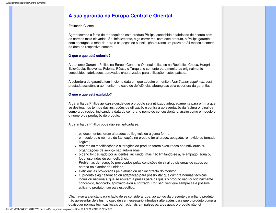 Philips 160EI user manual Sua garantia na Europa Central e Oriental 