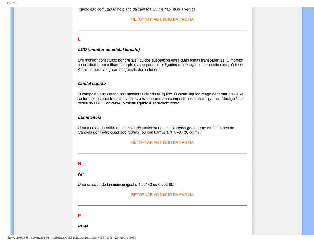 Philips 160EI user manual LCD monitor de cristal líquido, Cristal líquido, Luminância, Nit, Pixel 