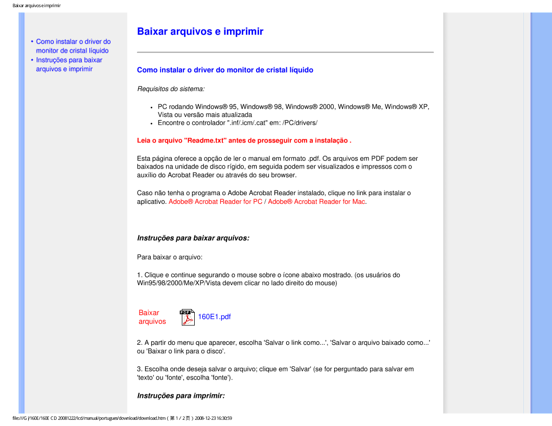 Philips 160EI Baixar arquivos e imprimir, Como instalar o driver do monitor de cristal líquido, Instruções para imprimir 