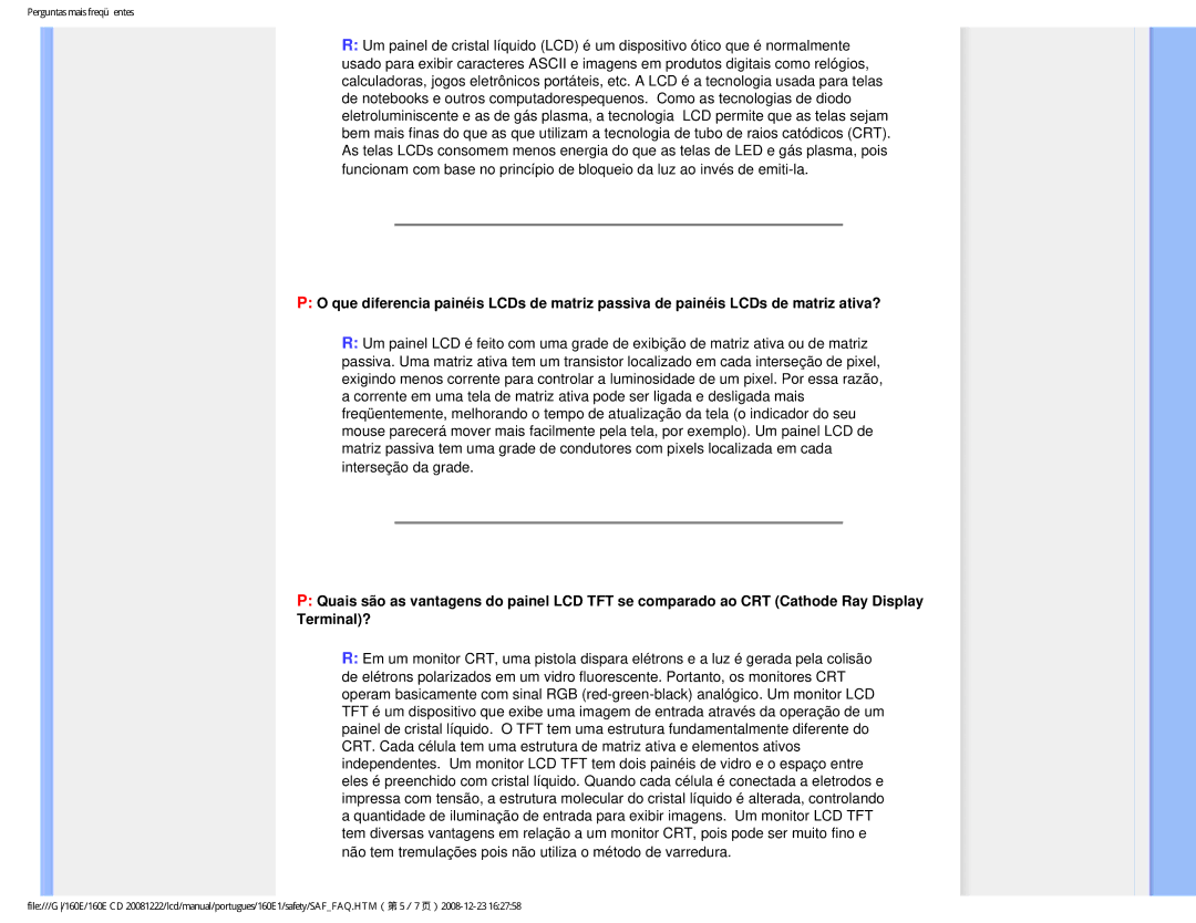 Philips 160EI user manual Perguntas mais freqüentes 