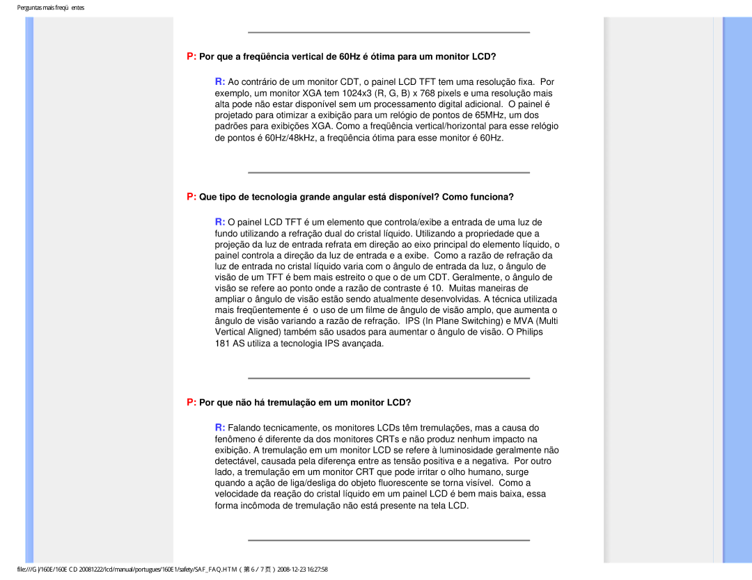 Philips 160EI user manual Por que não há tremulação em um monitor LCD? 