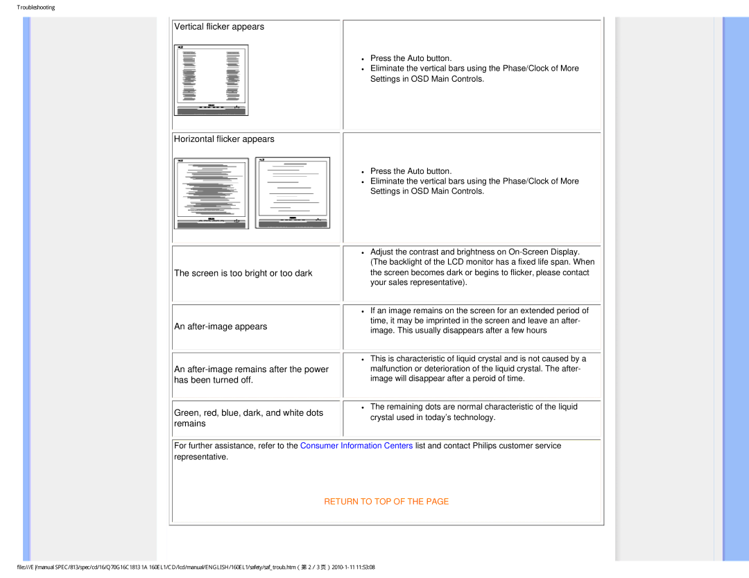 Philips 160EL1SB/00 user manual Vertical flicker appears 