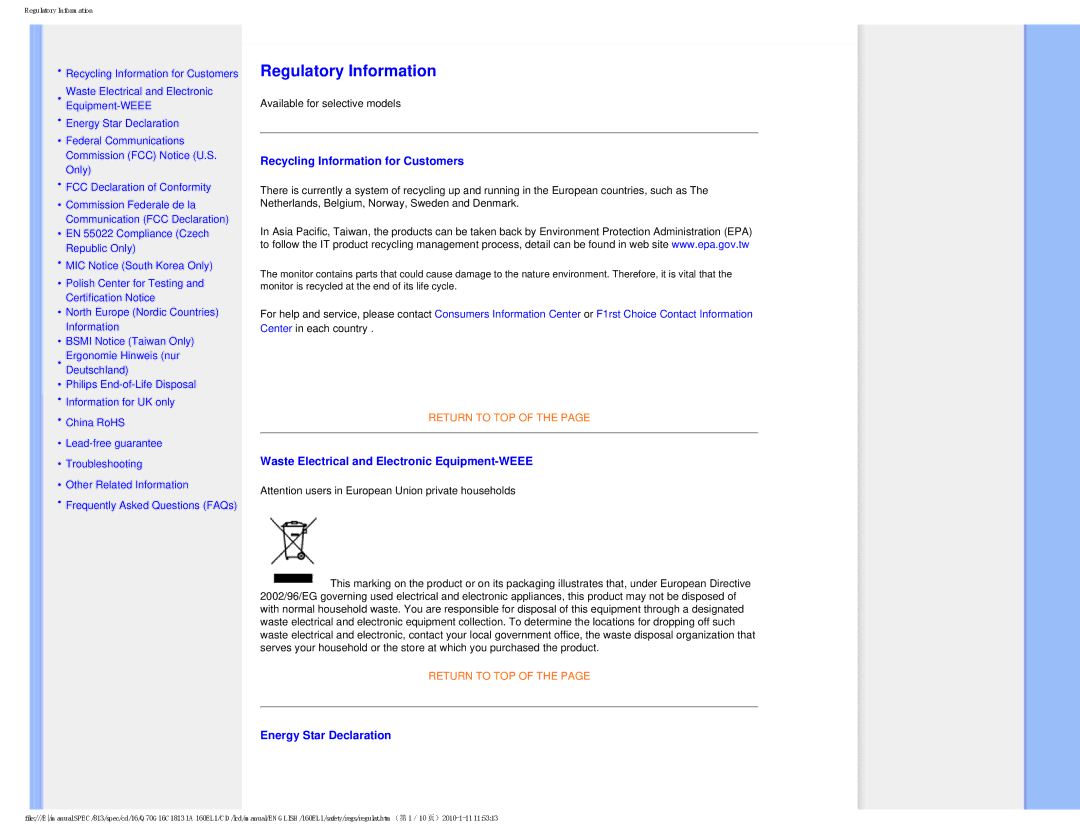 Philips 160EL1SB/00 user manual Recycling Information for Customers, Waste Electrical and Electronic Equipment-WEEE 