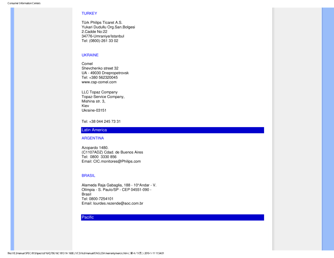 Philips 160EL1SB/00 user manual Latin America 