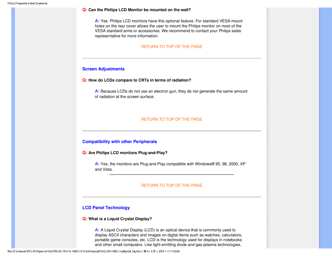 Philips 160EL1SB/00 user manual Screen Adjustments, Compatibility with other Peripherals, LCD Panel Technology 