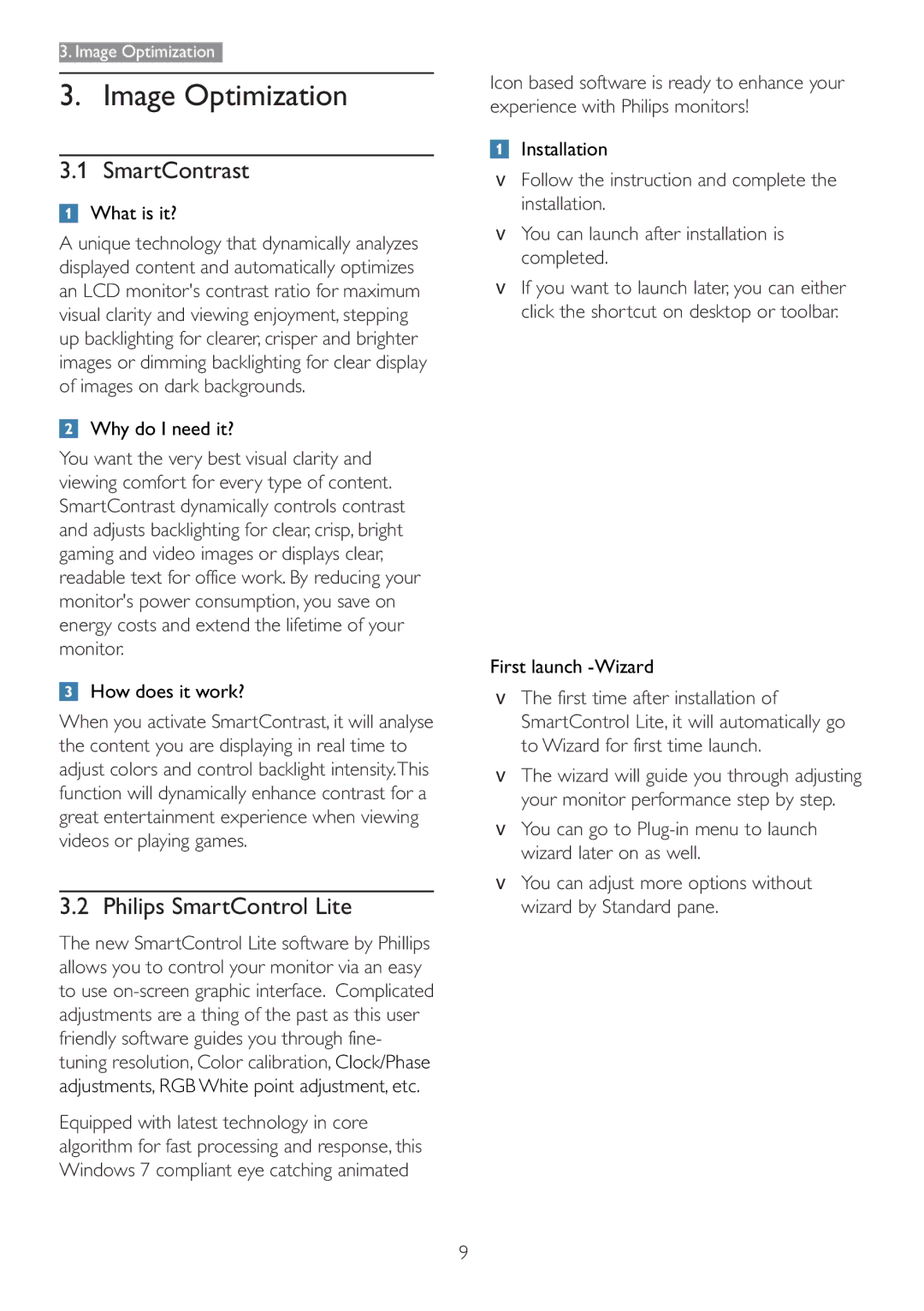 Philips 166V3L user manual Image Optimization, SmartContrast, Philips SmartControl Lite 