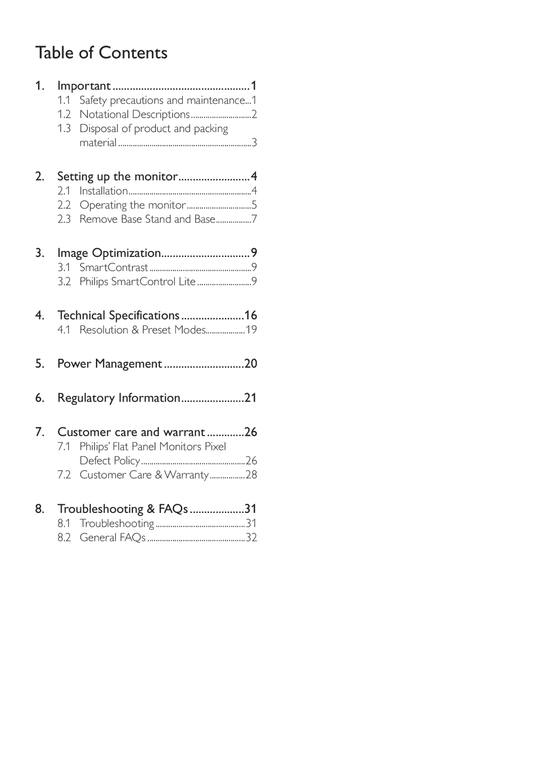 Philips 166V3L user manual Table of Contents 