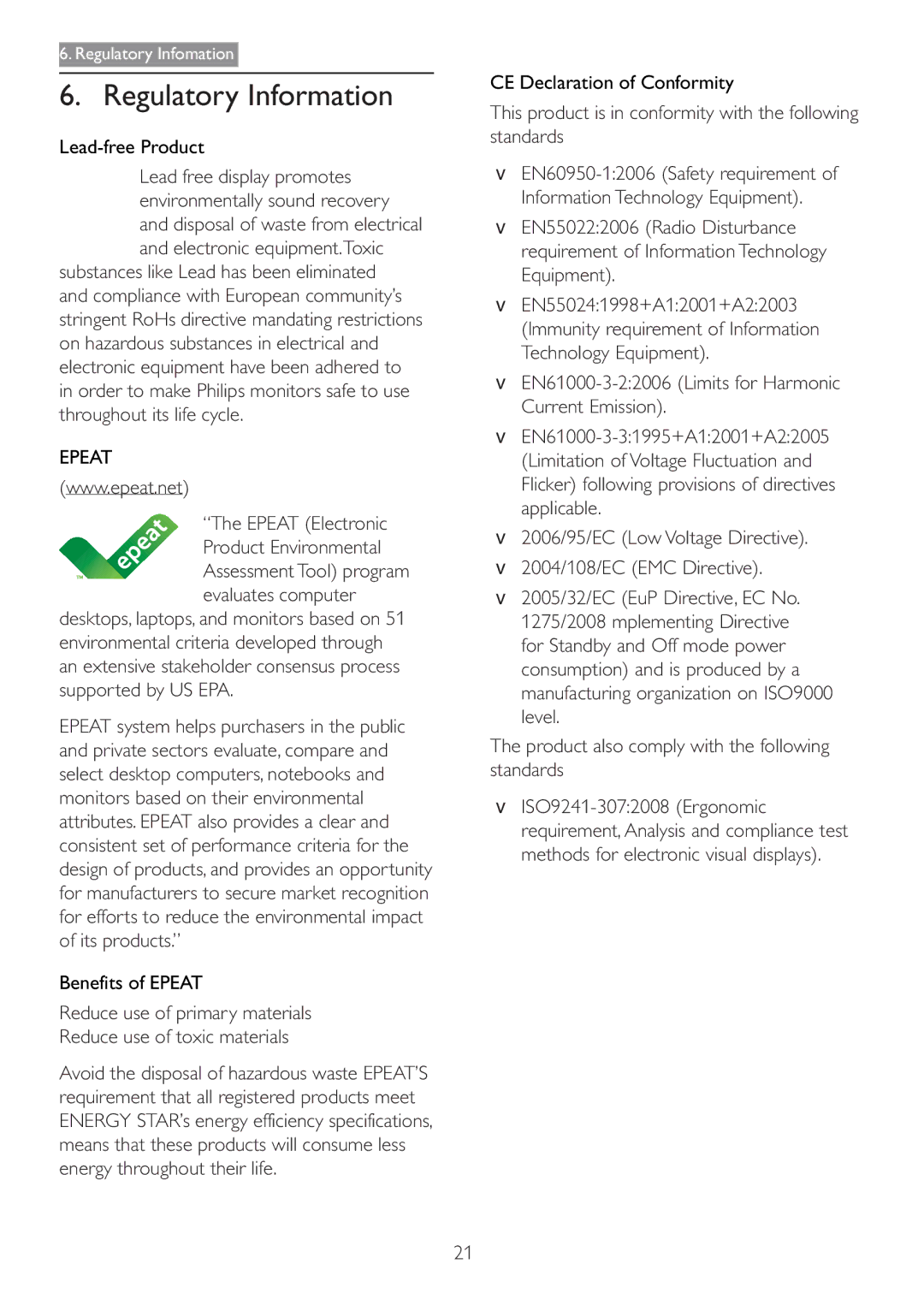 Philips 166V3L Regulatory Information, Epeat Electronic, This product is in conformity with the following standards 