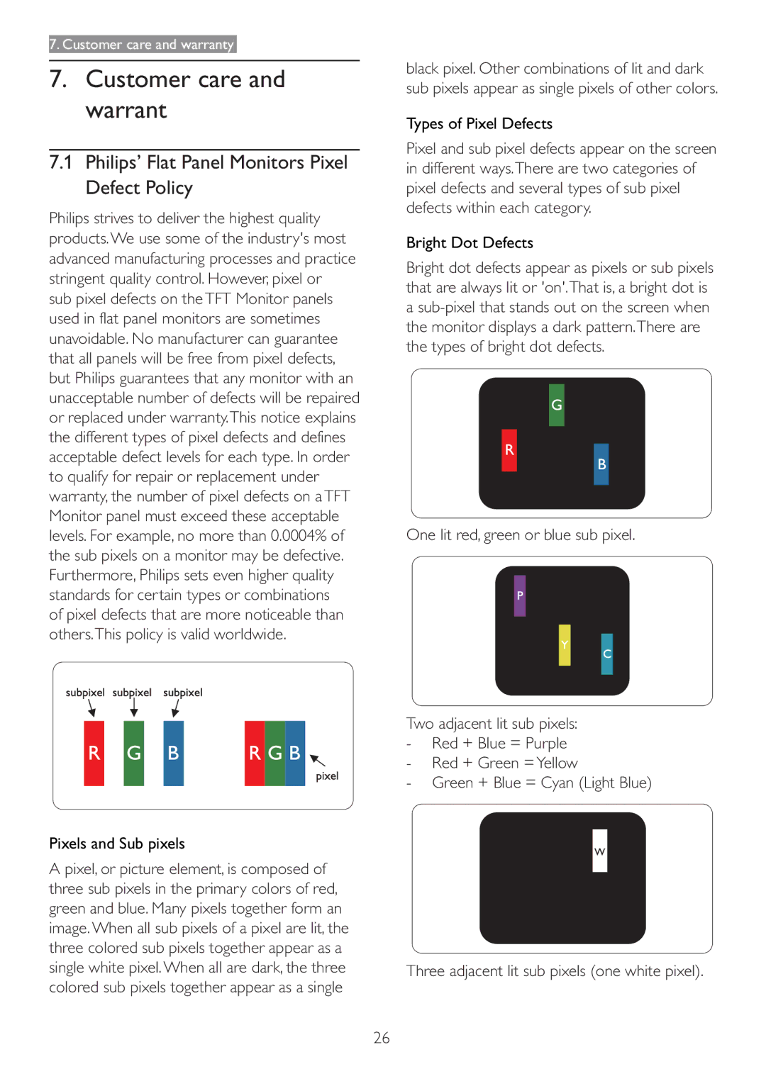 Philips 166V3L Customer care and warrant, Philips’ Flat Panel Monitors Pixel Defect Policy, Pixels and Sub pixels 