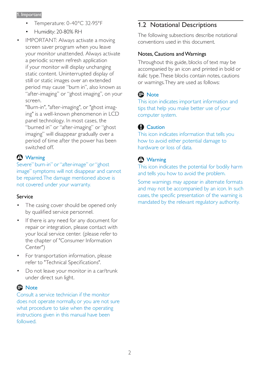 Philips 166V3L user manual Notational Descriptions, ‡ Temperature 0-40C 32-95F, ‡ Humidity 20-80% RH, Service 