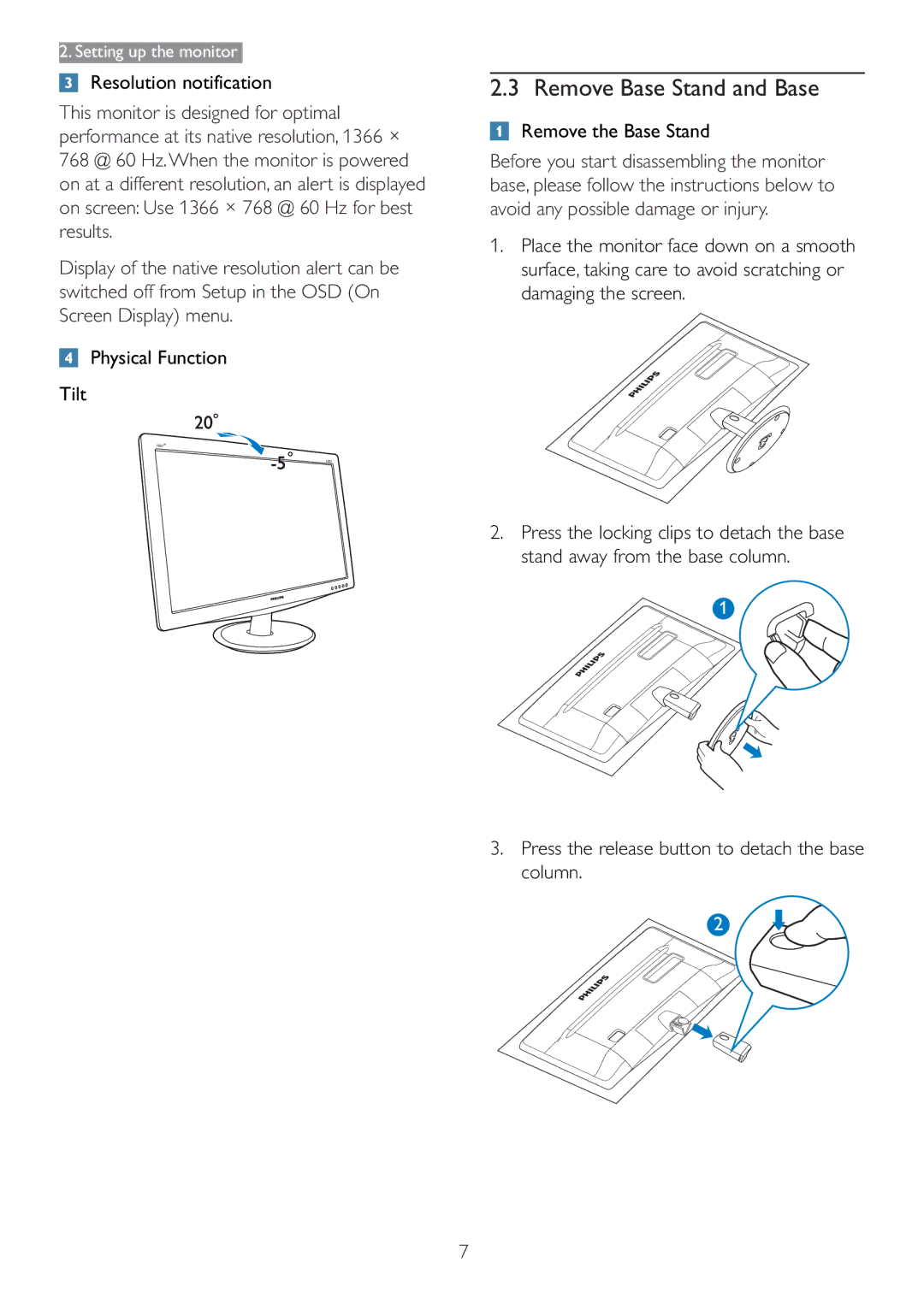 Philips 166V3L Remove Base Stand and Base, Resolution notification, Physical Function Tilt, Remove the Base Stand 