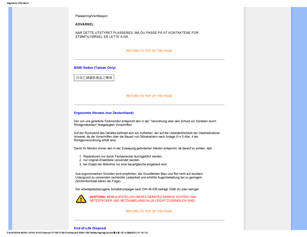 Philips 170A7 user manual Advarsel, BSMI Notice Taiwan Only, Ergonomie Hinweis nur Deutschland, End-of-Life Disposal 