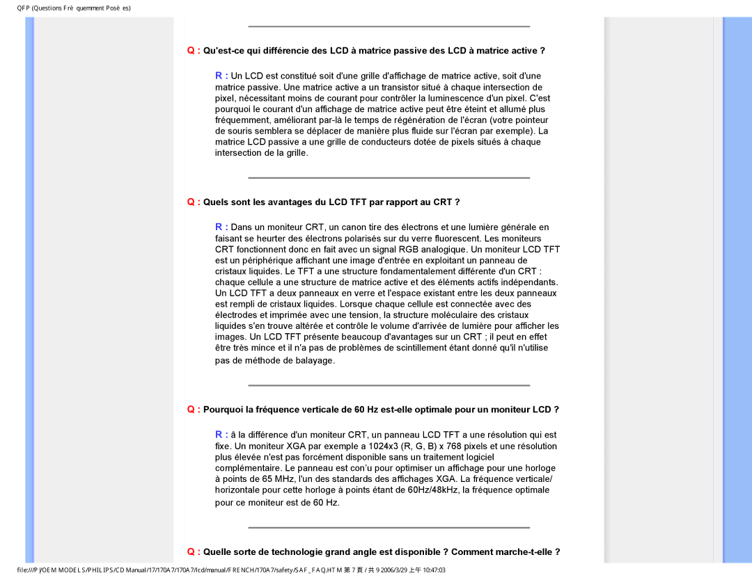 Philips 170A7 user manual Quels sont les avantages du LCD TFT par rapport au CRT ? 