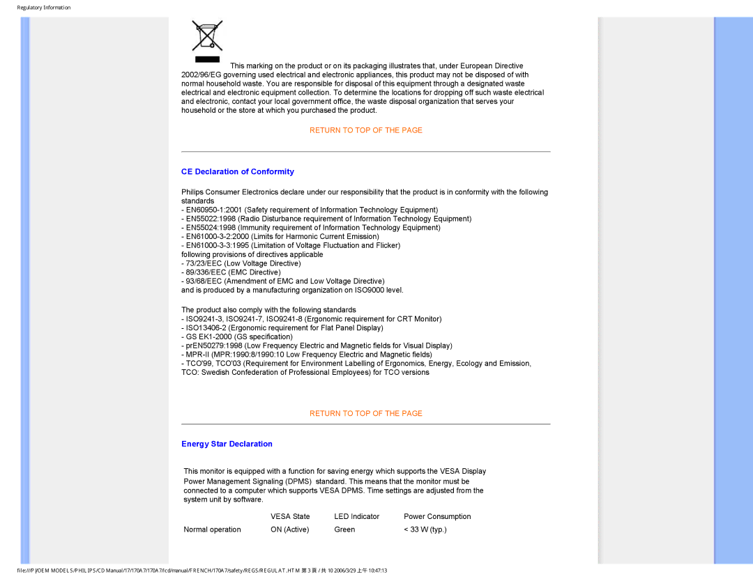 Philips 170A7 user manual CE Declaration of Conformity 