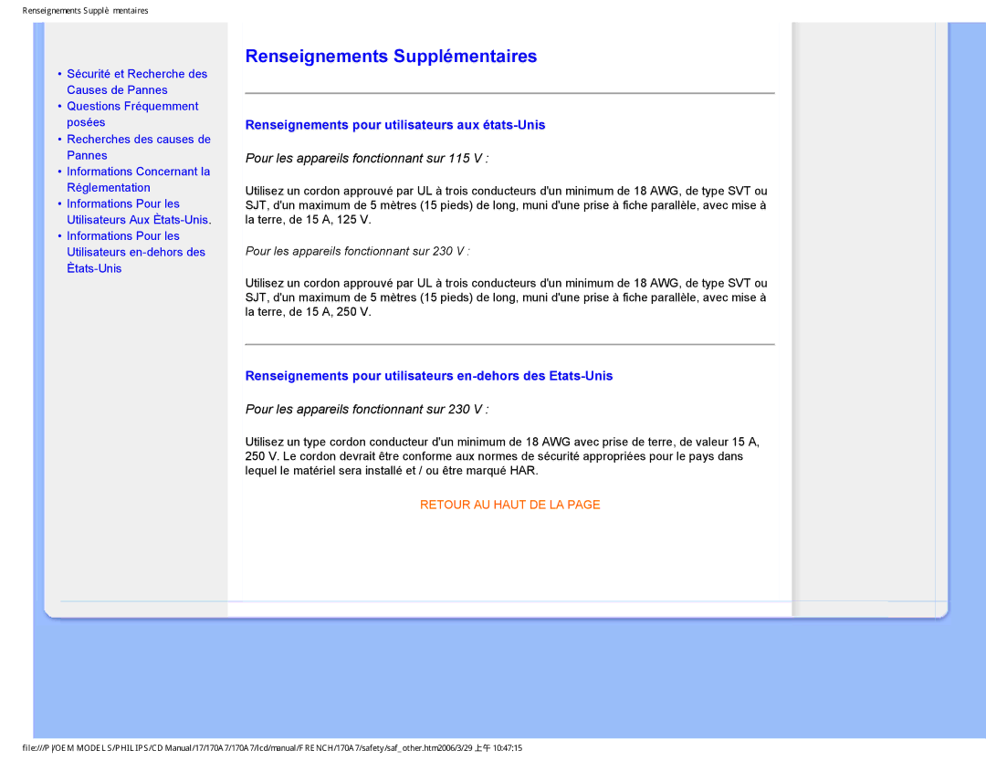 Philips 170A7 user manual Renseignements Supplémentaires, Renseignements pour utilisateurs aux états-Unis 